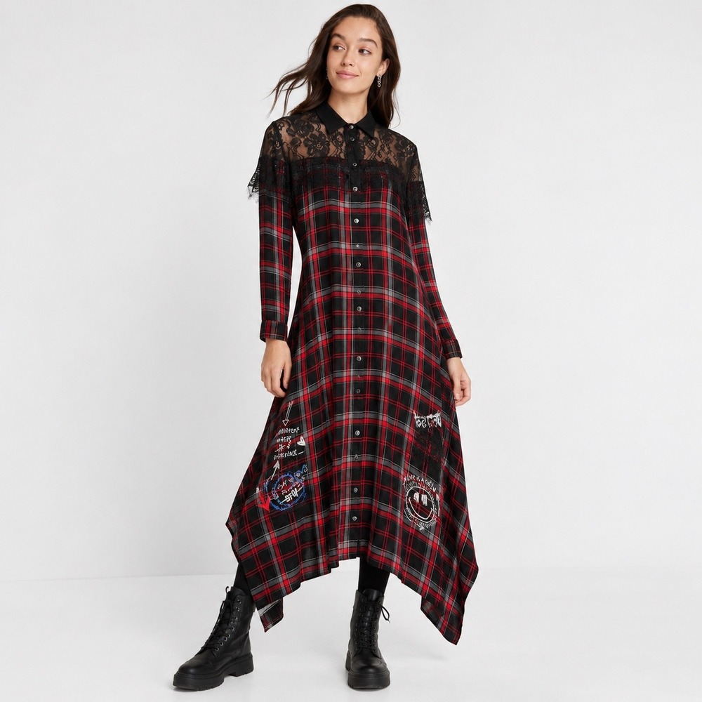 Desigual Red Black Plaid Lace Asymmetrical Hem Midi Dress Size Small